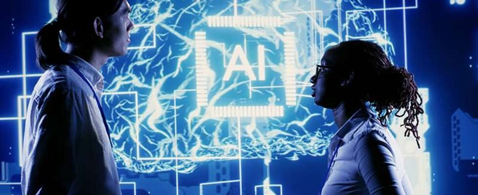 Workers using AI computing simulation