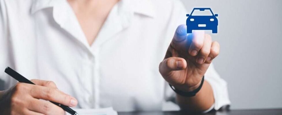 Business,Woman's,Hand,Protecting,Blue,Icon,Car,On,Desk.,Planning