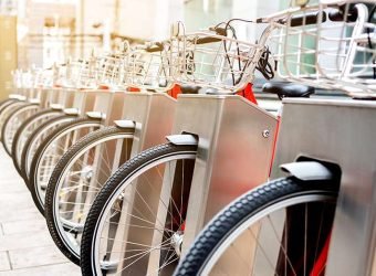 Public parking of rental bicycles in the city. Bicycle rental se