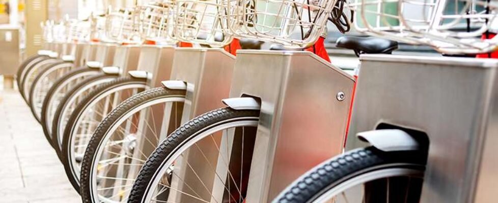 Public parking of rental bicycles in the city. Bicycle rental se