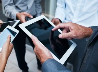 Business people, hand or tablet in group with screen for job, wo