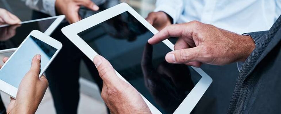 Business people, hand or tablet in group with screen for job, wo