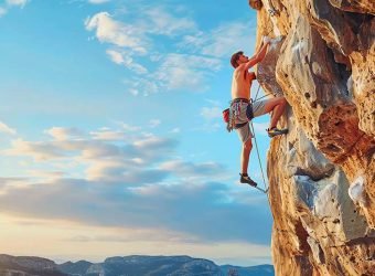 A man rock climbing on a cliff face against a blue sky with clouds.