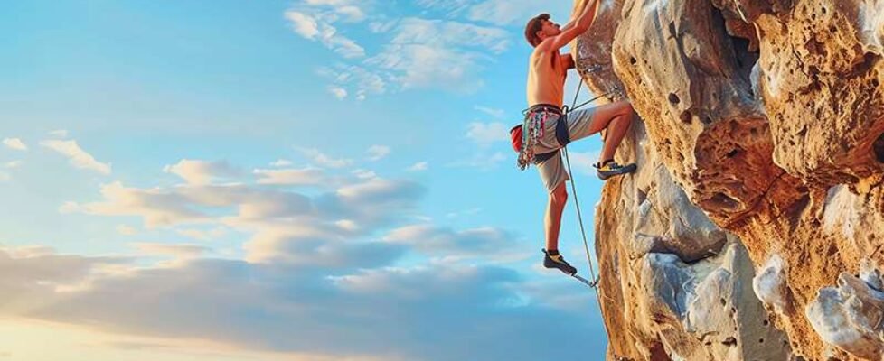 A man rock climbing on a cliff face against a blue sky with clouds.