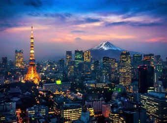 Aerial view of Tokyo cityscape with Fuji mountain in Japan.