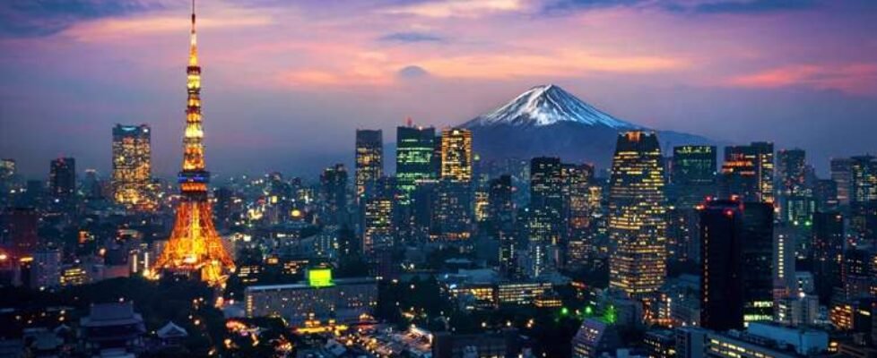 Aerial view of Tokyo cityscape with Fuji mountain in Japan.