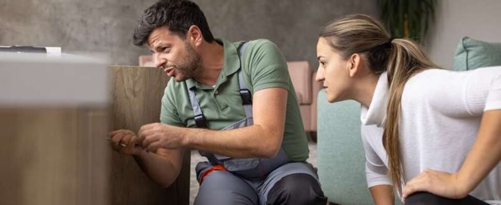 Plumber talking to his client while inspecting a broken sink