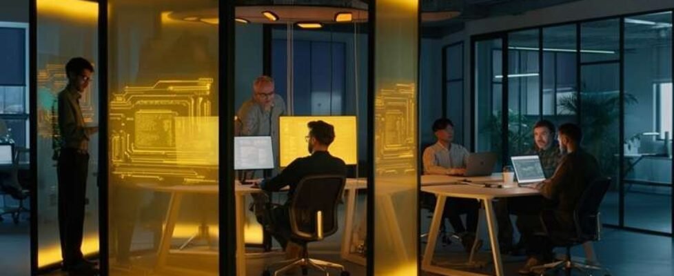 People,Working,In,A,Modern,And,Technological,Office,With,Yellow