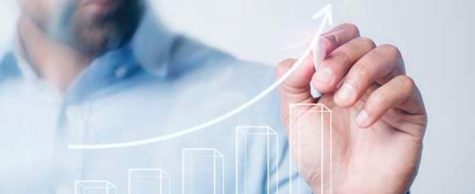 Man giving a business presentation using a high technology digit