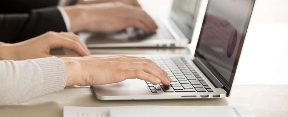 Business colleagues working on computers in office