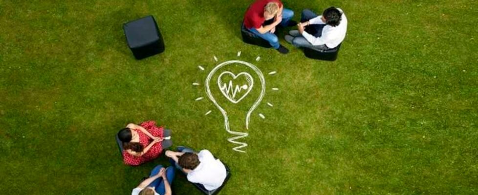 People talking on chairs in grass